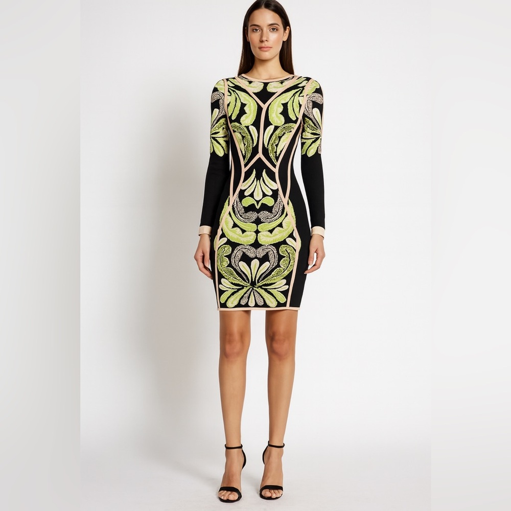 ISSUE New York bodycon long sleeve geometric JACQUARD party‎ dress Y2k sexy smu